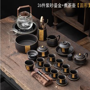 BODUM轻奢品牌鎏金紫砂茶具复古陶瓷茶具整套泡茶壶盖碗茶杯家用客厅 如意紫砂【鎏金+煮茶器】圆 26头